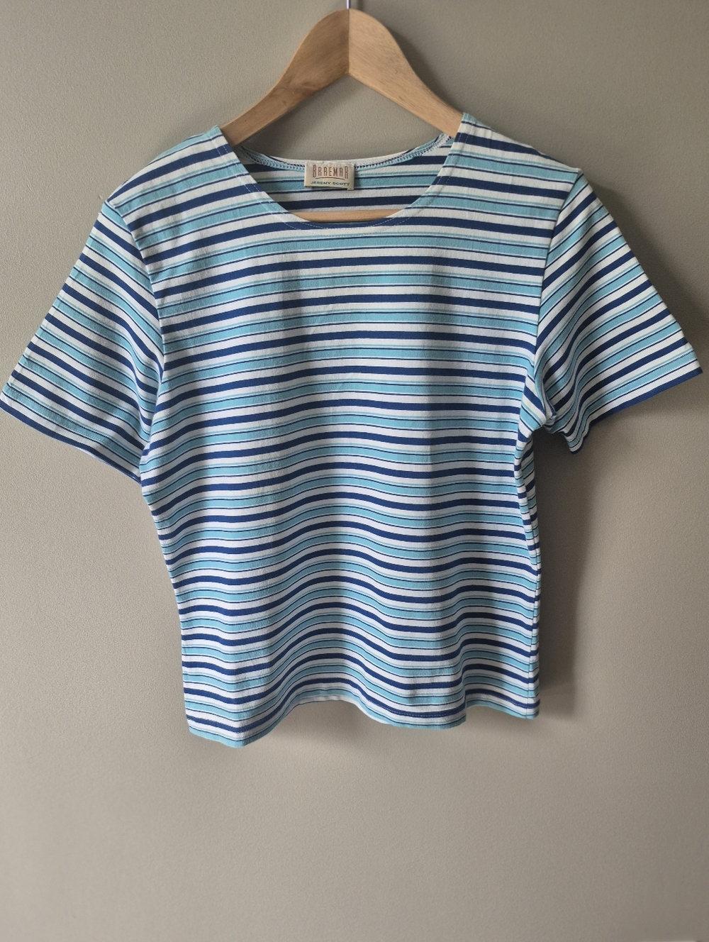 Braemar By Jeremy Scott Vintage Blue + White Striped Short Sleeve Tee. Medium M